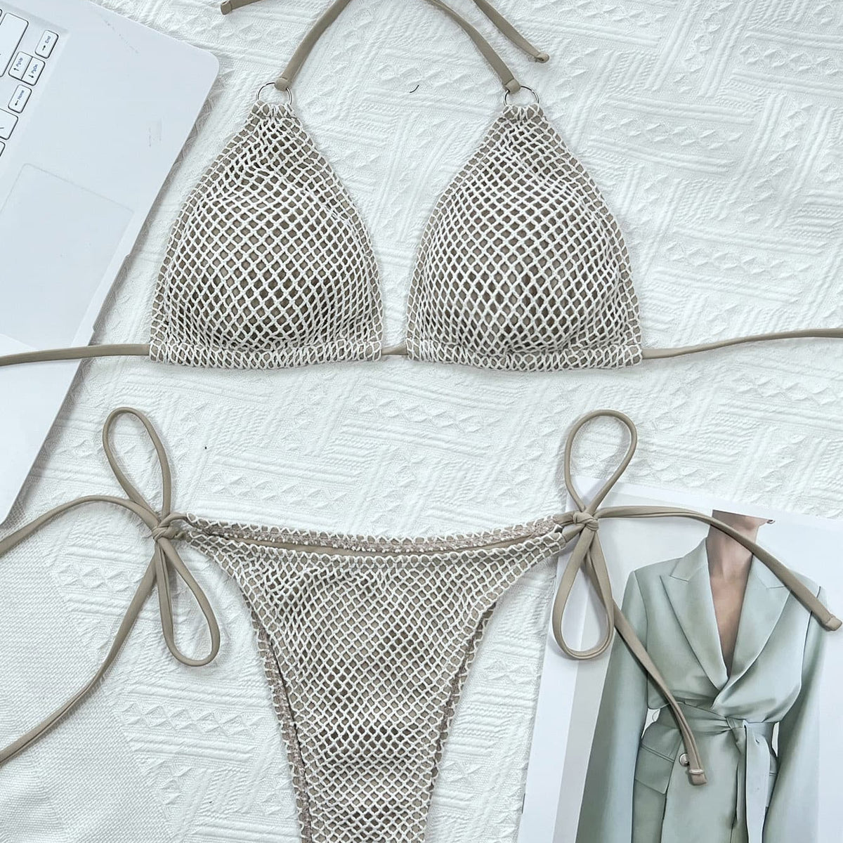 Textured Halter Neck Tie Side Bikini Set