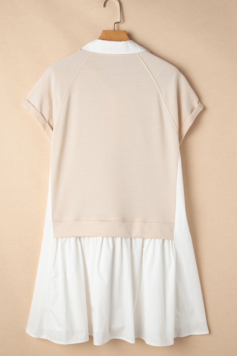 Collared Neck Buttoned Patchwork Short Sleeve Mini Dress - New Arrivals