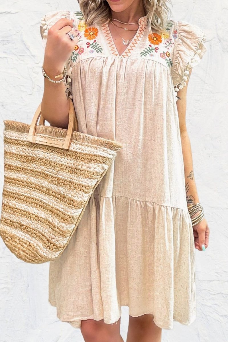 Floral Embroidery Pom Pom Ruffle Sleeves Mini Dress - New Arrivals