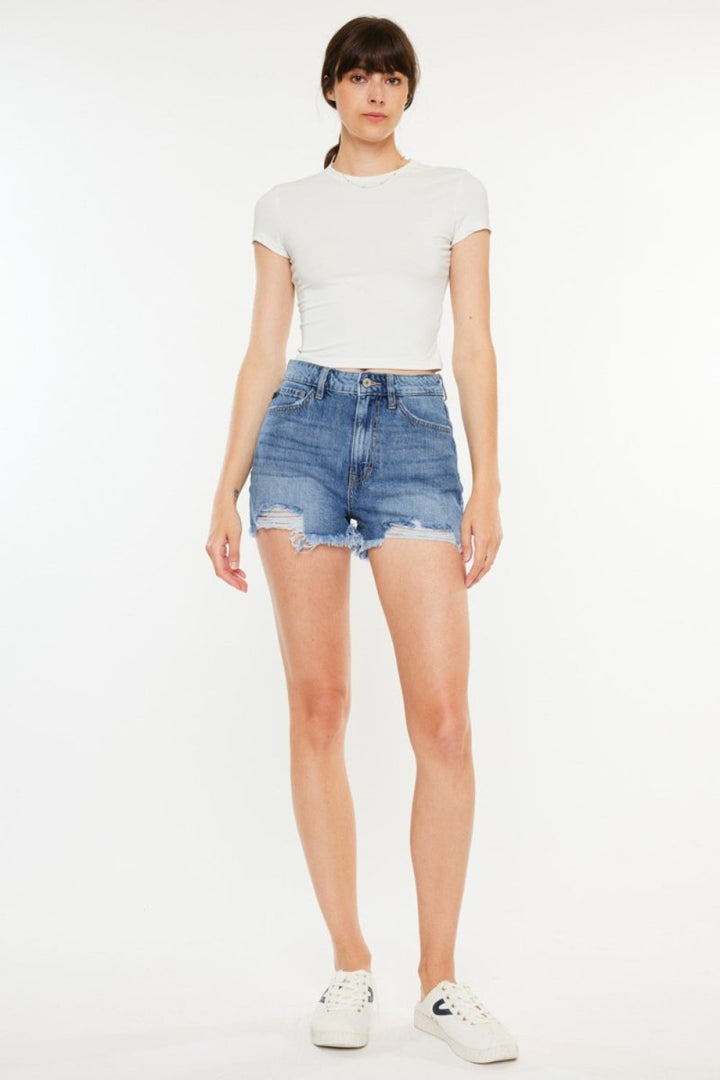 Kancan Distressed Raw Hem High Waist Denim Shorts - Bottoms