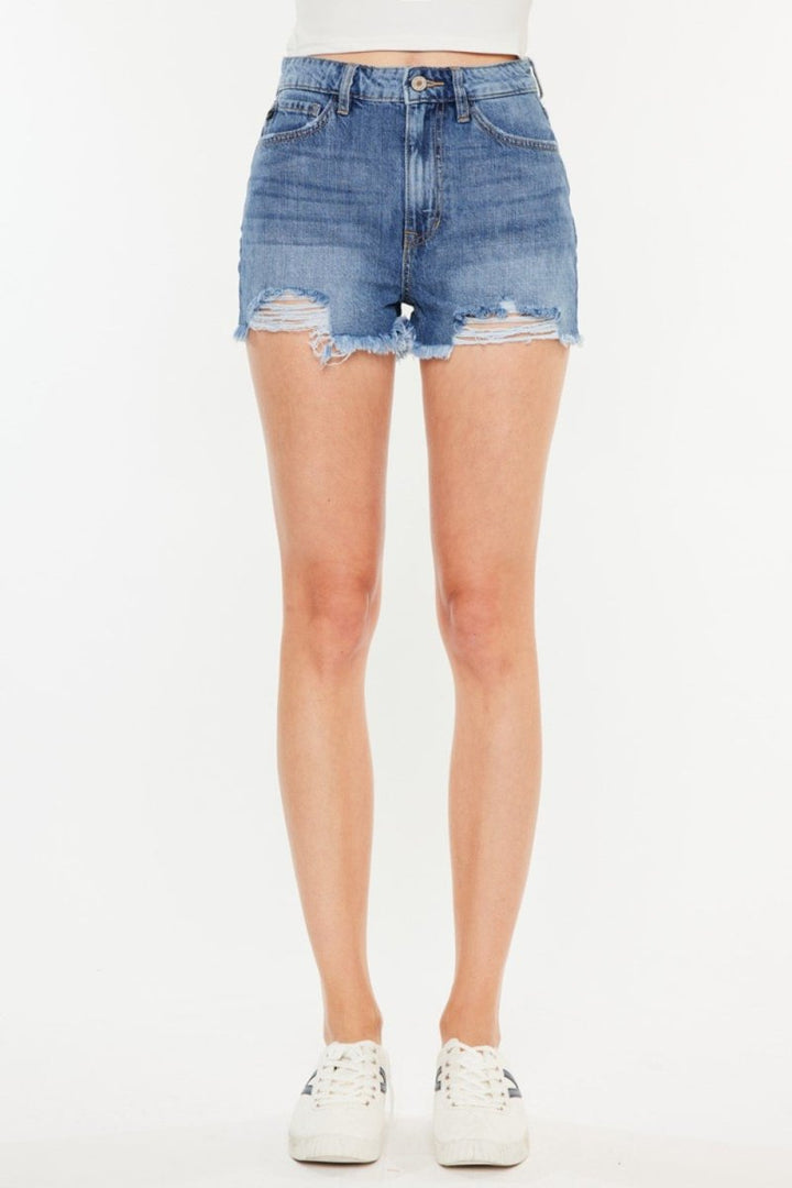 Kancan Distressed Raw Hem High Waist Denim Shorts - Bottoms