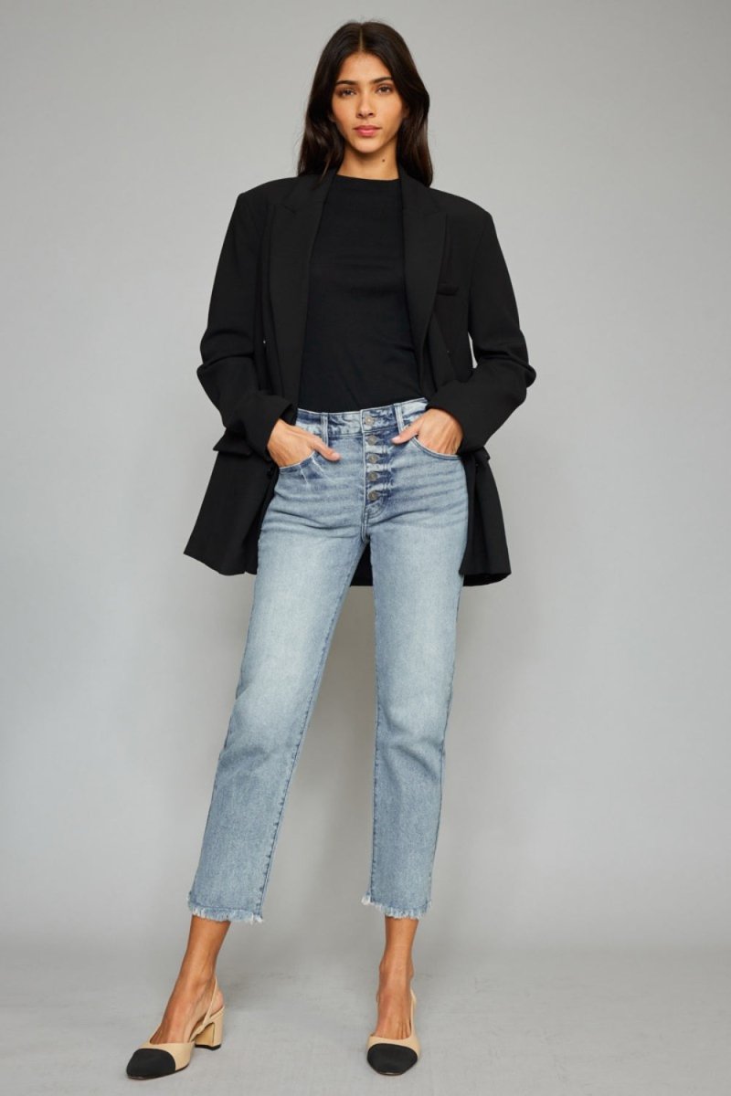 Kancan High Waist Button Fly Raw Hem Cropped Straight Jeans - Bottoms Sale