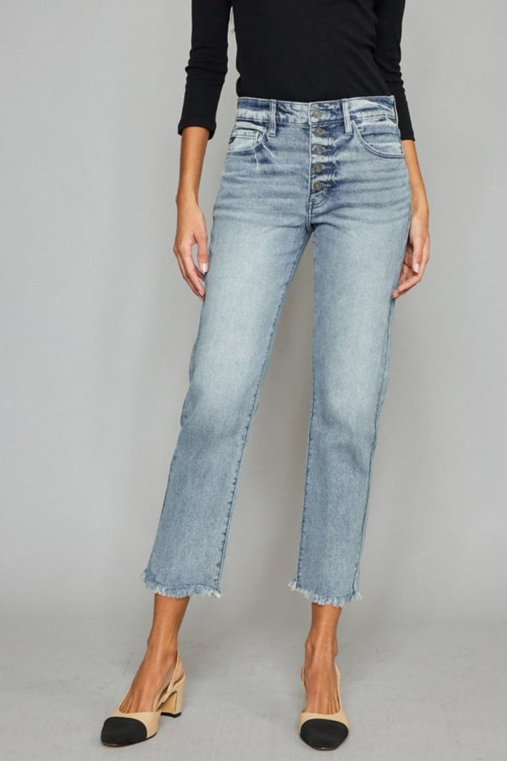 Kancan High Waist Button Fly Raw Hem Cropped Straight Jeans - Bottoms Sale