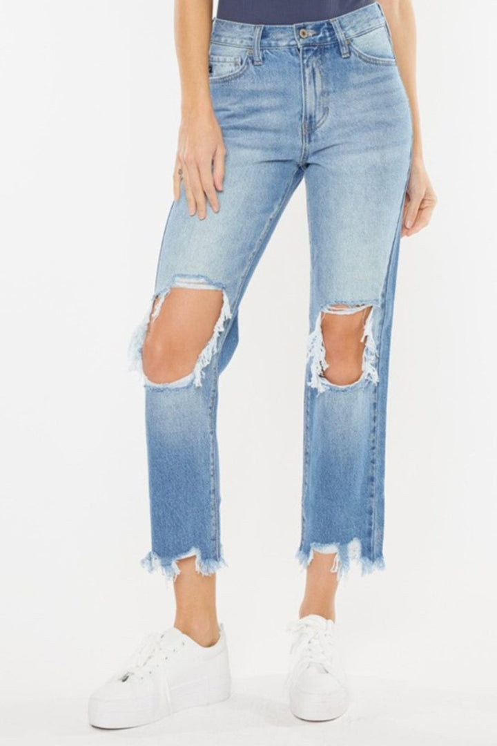 Kancan High Waist Chewed Up Straight Mom Jeans - Bottoms Sale