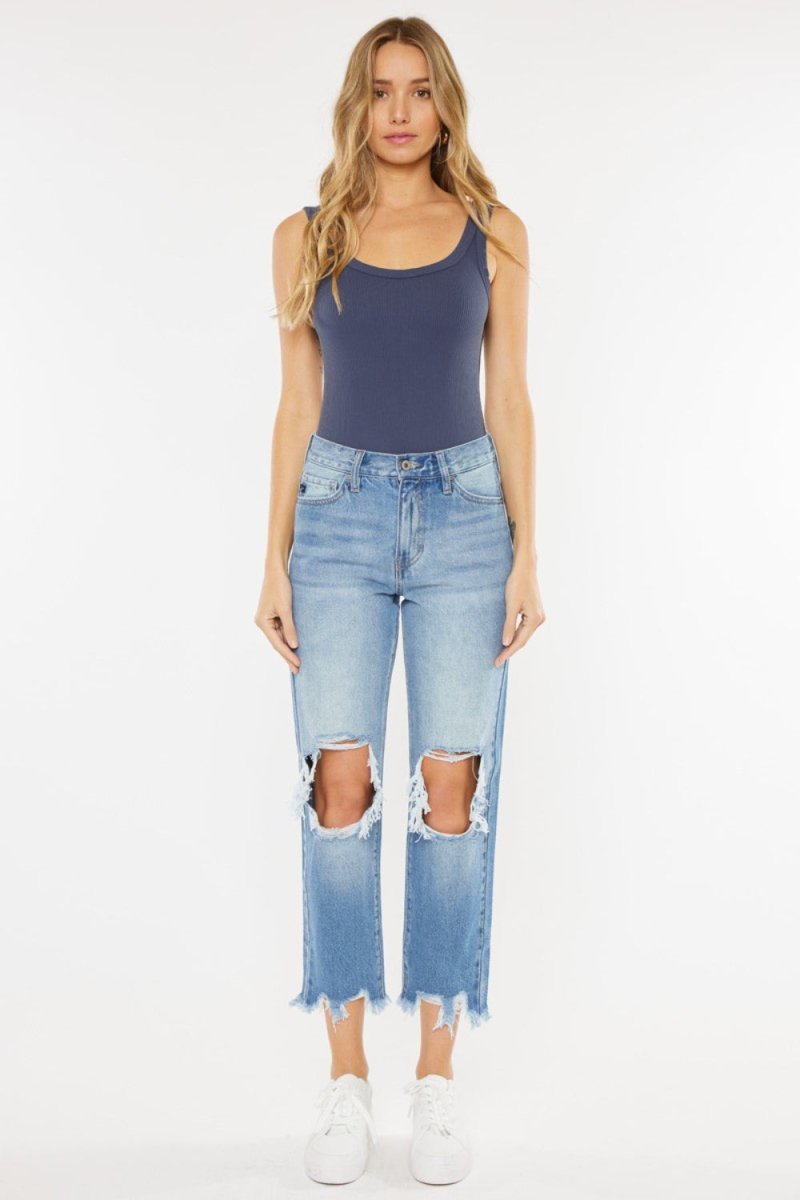 Kancan High Waist Chewed Up Straight Mom Jeans - Bottoms Sale