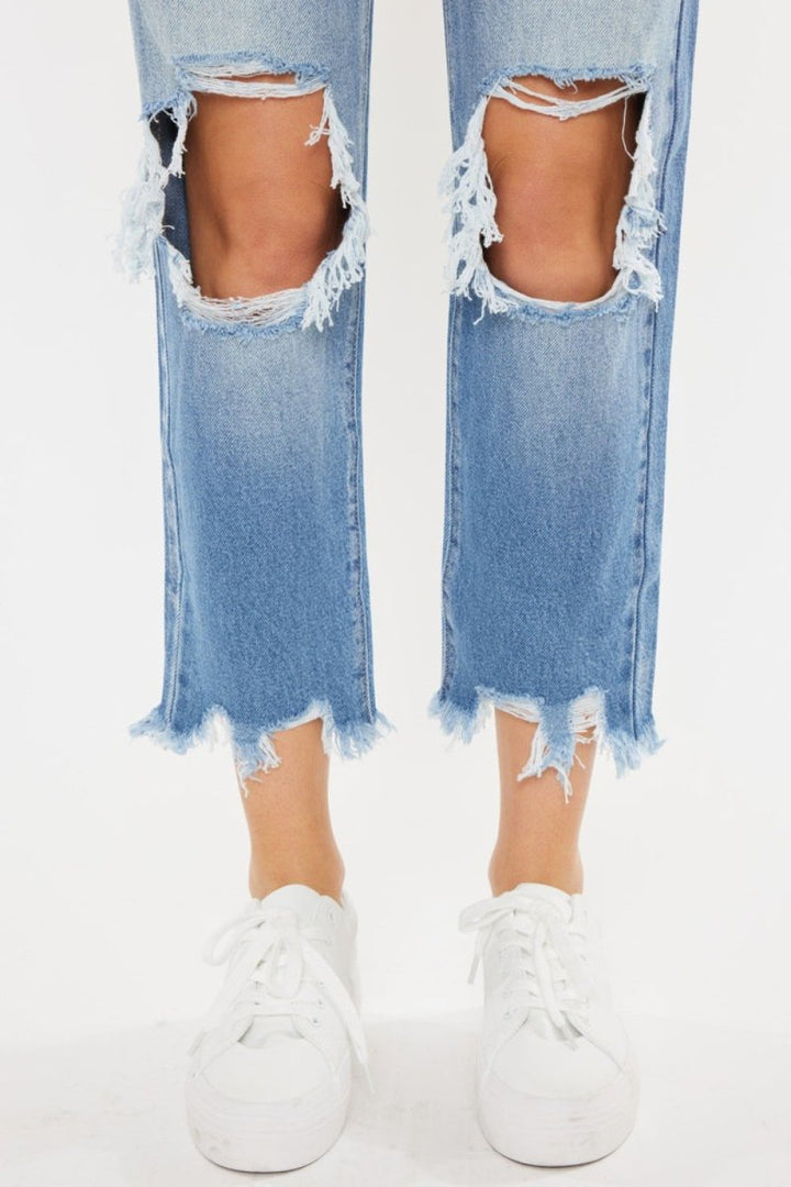 Kancan High Waist Chewed Up Straight Mom Jeans - Bottoms Sale
