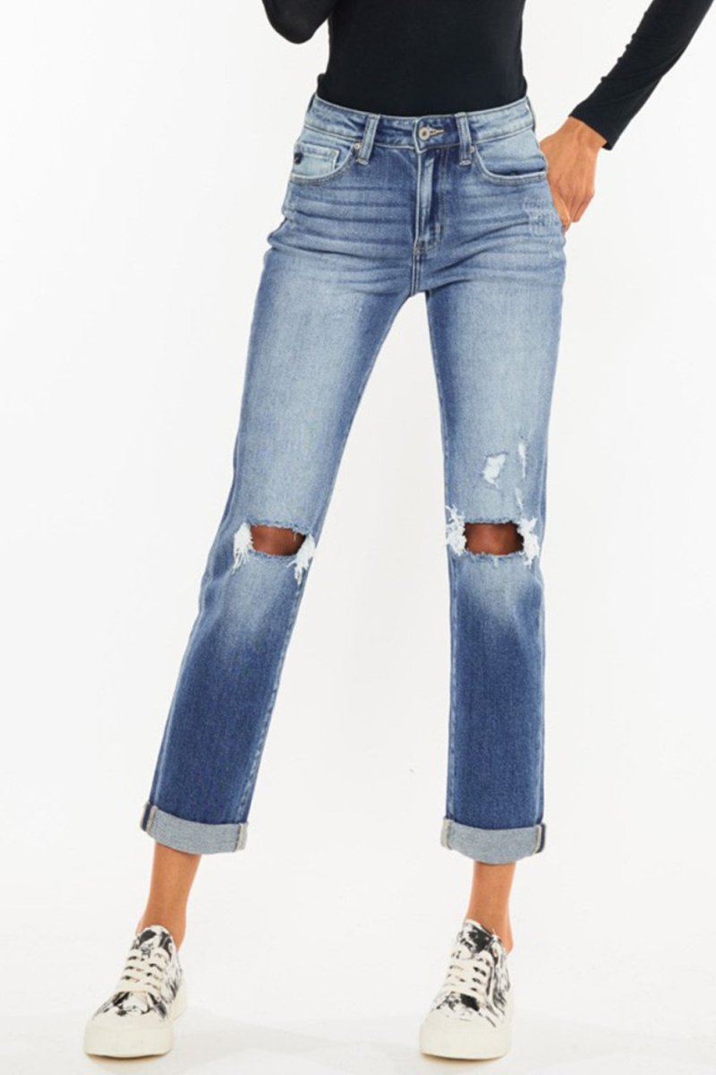 Kancan High Waist Distressed Hem Detail Cropped Straight Jeans - Bottoms Sale