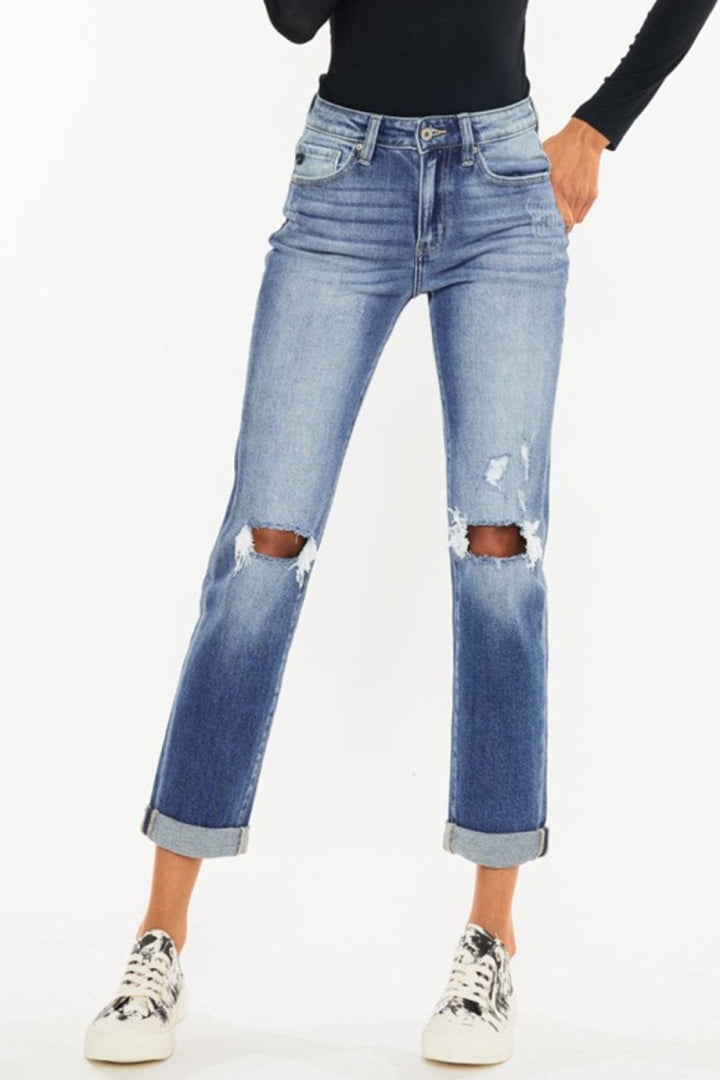 Kancan High Waist Distressed Hem Detail Cropped Straight Jeans - Bottoms Sale