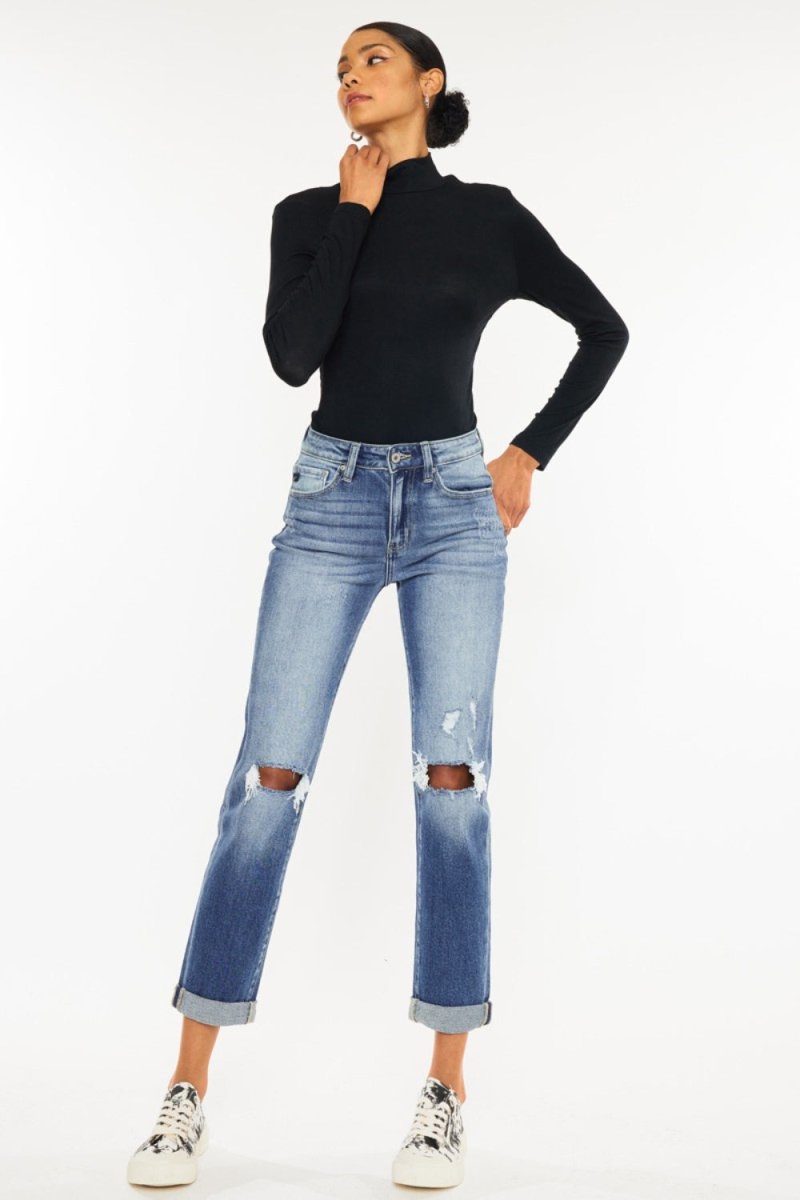 Kancan High Waist Distressed Hem Detail Cropped Straight Jeans - Bottoms Sale