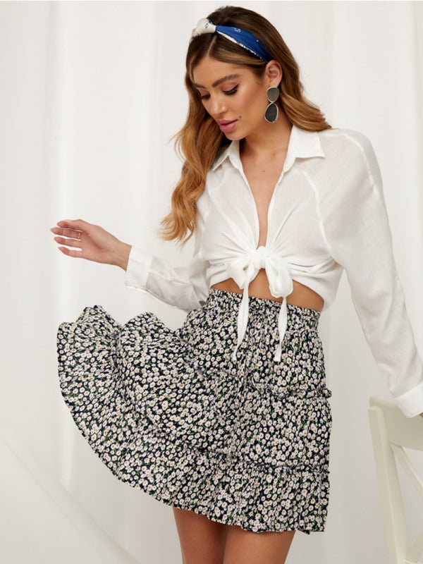 Ladies High Waist Ruffled Floral Printed A - Line Skirt - Bottoms