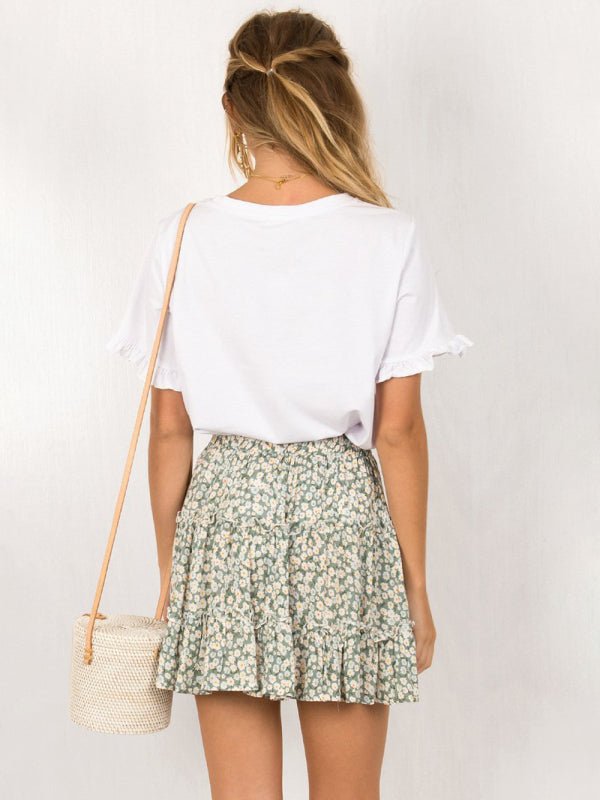 Ladies High Waist Ruffled Floral Printed A - Line Skirt - Bottoms