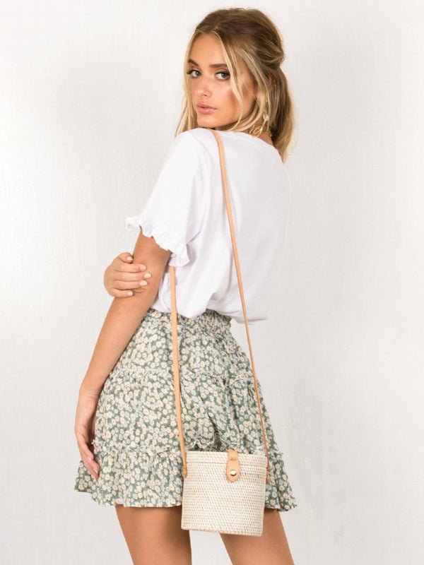 Ladies High Waist Ruffled Floral Printed A - Line Skirt - Bottoms