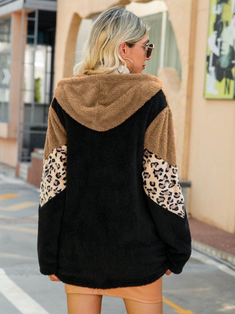 Leopard Color Block Hooded Teddy Jacket - Outerwear