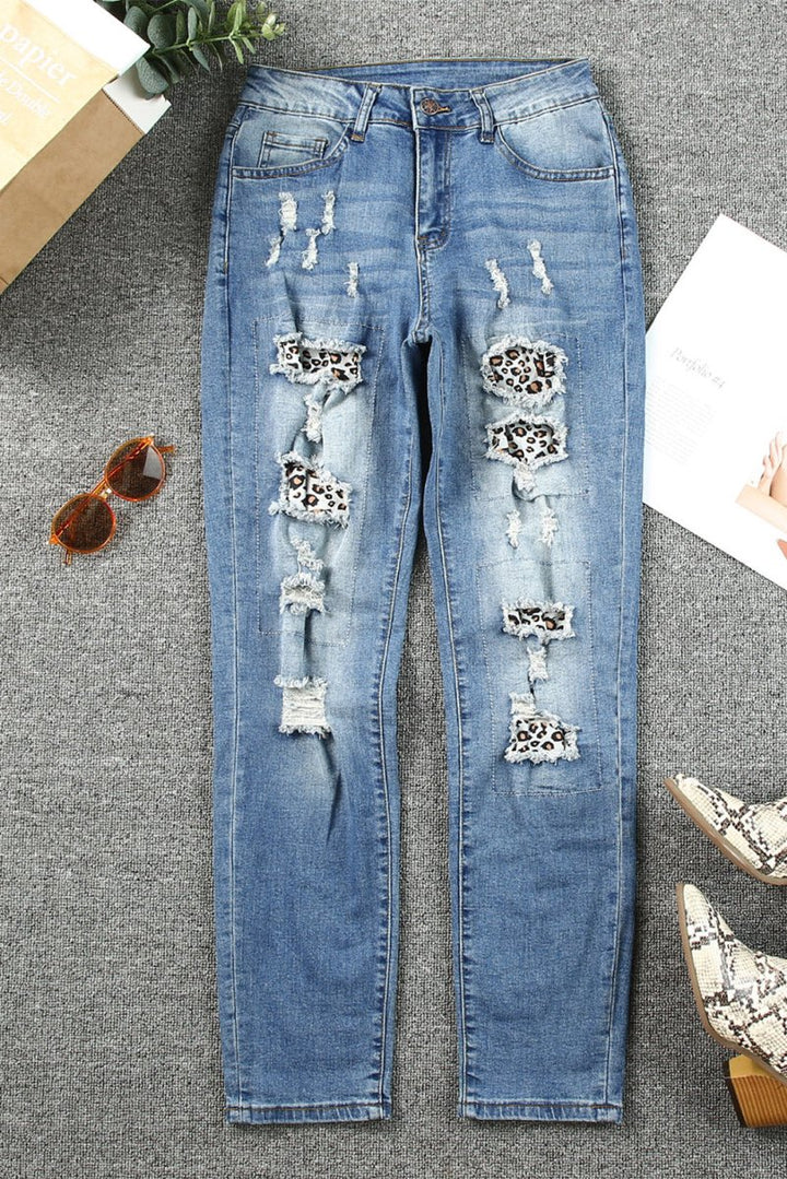 Leopard Distressed Pocketed Straight Jeans - Bottoms Sale