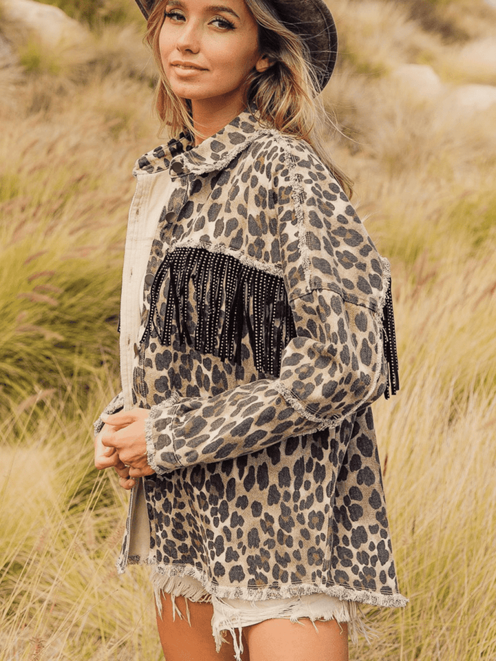 Leopard Fringe Detail Collared Neck Denim Jacket - Outerwear