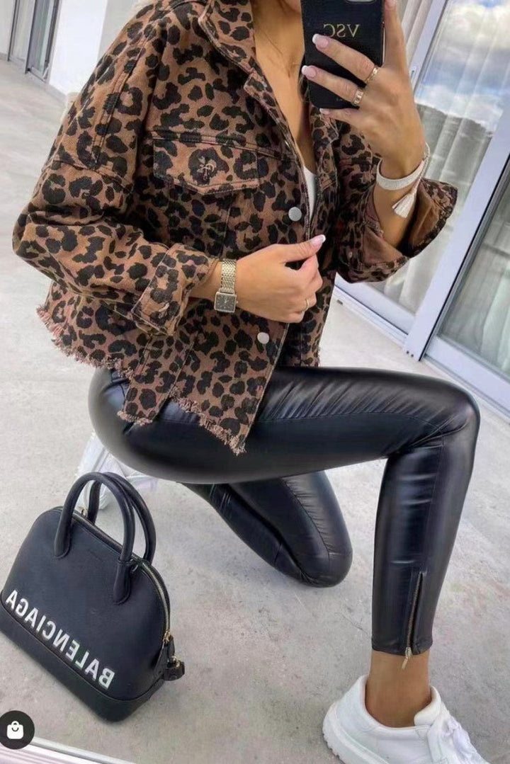 Leopard Raw Hem Denim Jacket - Outerwear