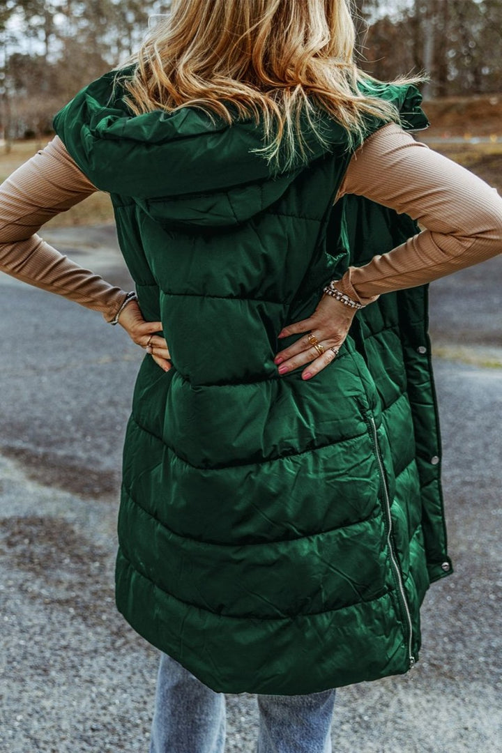 Longline Hooded Sleeveless Puffer Vest - Outerwear