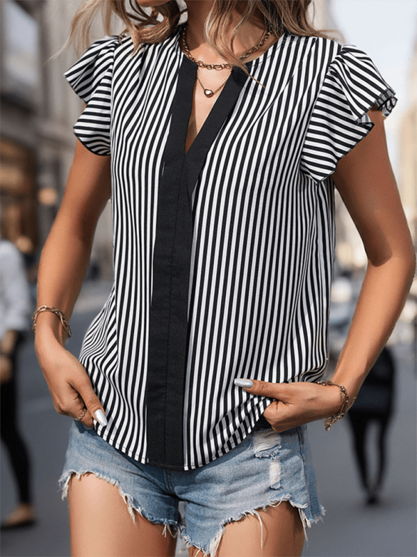 New contrasting color vertical stripe ruffle sleeve pullover shirt - Top