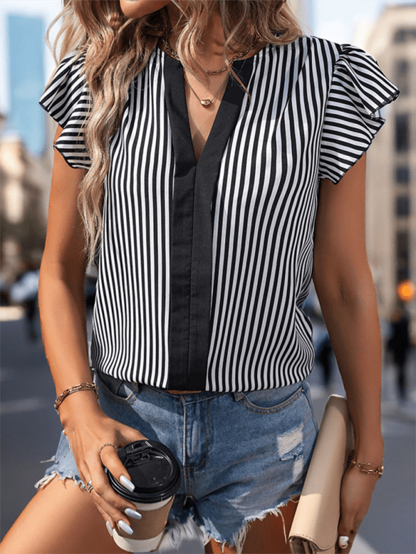 New contrasting color vertical stripe ruffle sleeve pullover shirt - Top