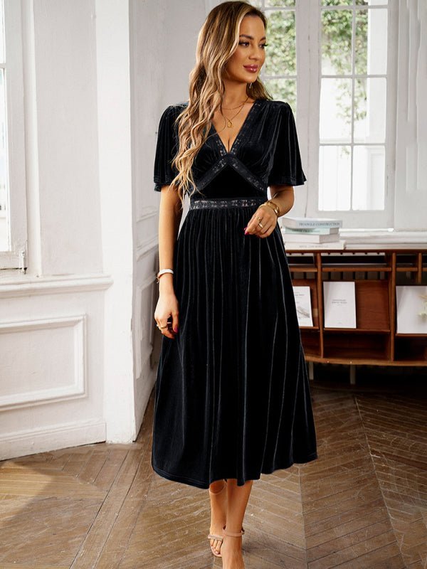 New elegant V - neck short - sleeved velvet dress - Cocktail Dress