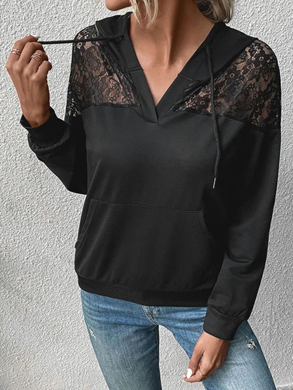 New long - sleeved black lace stitching women's hooded sweater - Outerwear