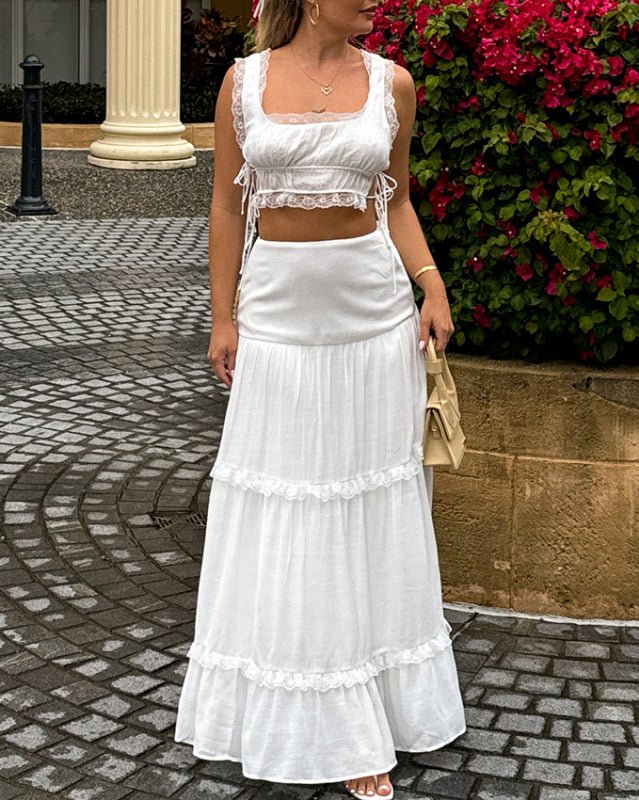 New solid color fashion suit lace up top long skirt suit - Skirt Suit