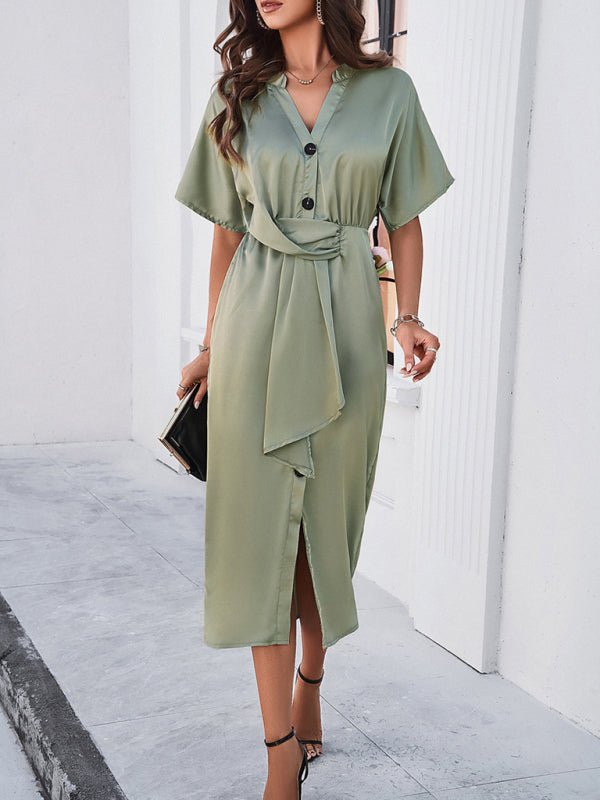 New solid color temperament V - neck short - sleeved dress - Casual Dress