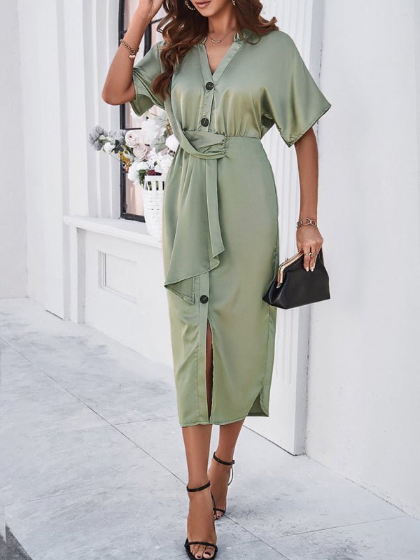 New solid color temperament V - neck short - sleeved dress - Casual Dress