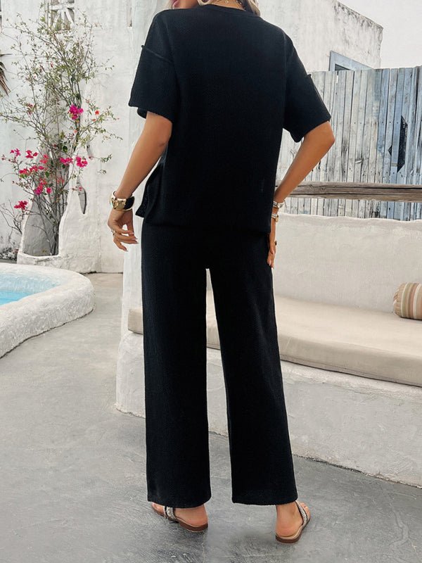 New spring and summer casual solid color knitted short - sleeved trousers suit - Pant Suit