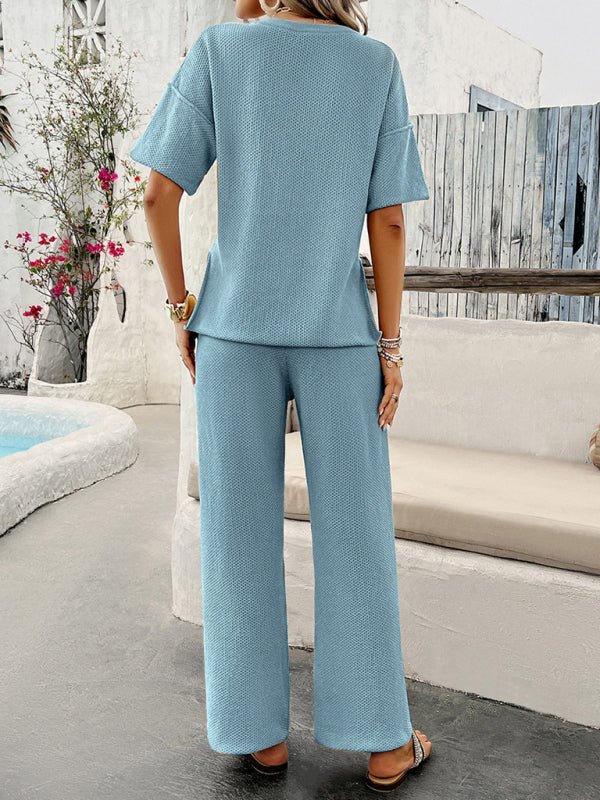 New spring and summer casual solid color knitted short - sleeved trousers suit - Pant Suit
