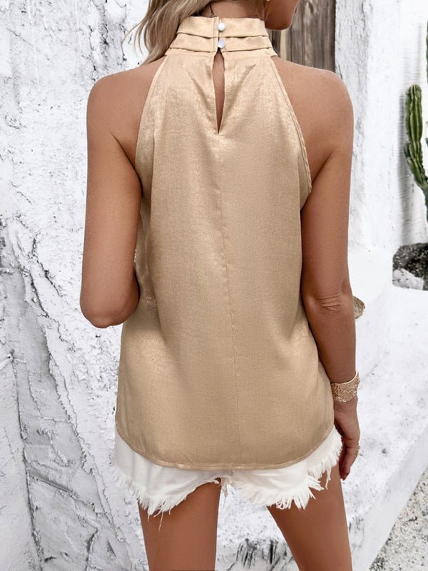 New style solid color sleeveless collar pleated top - Top