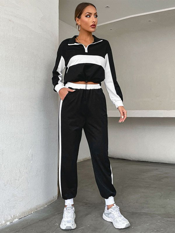 New two - piece spliced stand - collar sweatshirt casual suit - Pant Suit