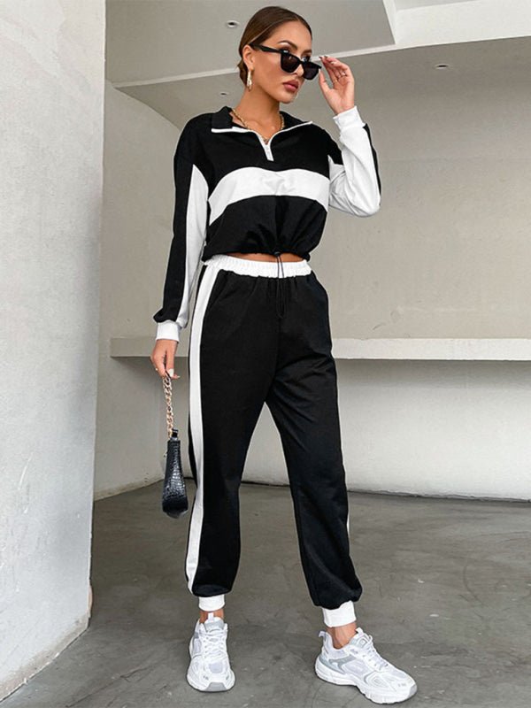 New two - piece spliced stand - collar sweatshirt casual suit - Pant Suit