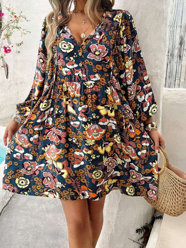 New V - neck loose casual full - body printed dress - Casual Dress