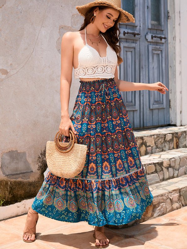 New Women's Bohemian Hollow Printed Patchwork Skirt - Bottoms