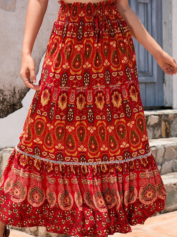 New Women's Bohemian Hollow Printed Patchwork Skirt - Bottoms