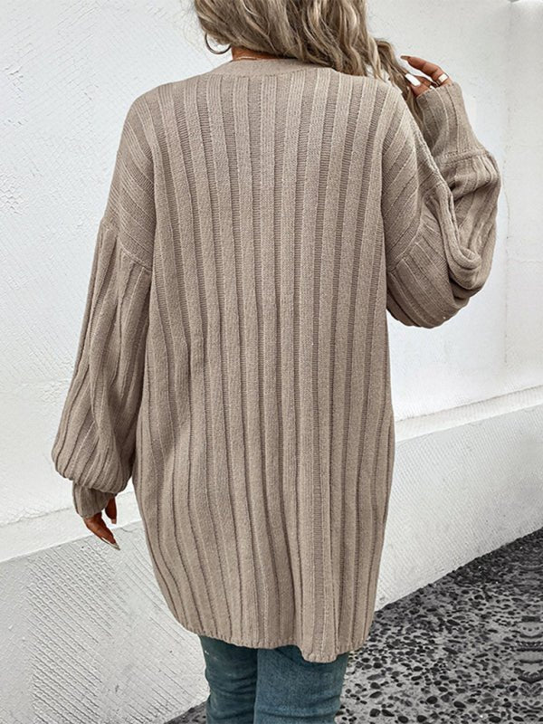 New women's long sleeve solid color cardigan sweater - Outerwear