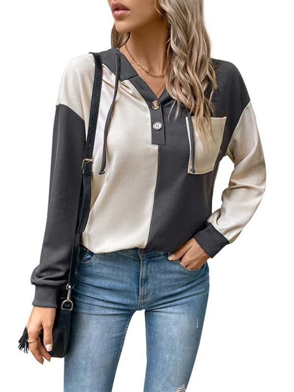 New women's long - sleeved contrast color hooded sweater - Outerwear