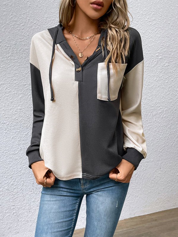 New women's long - sleeved contrast color hooded sweater - Outerwear