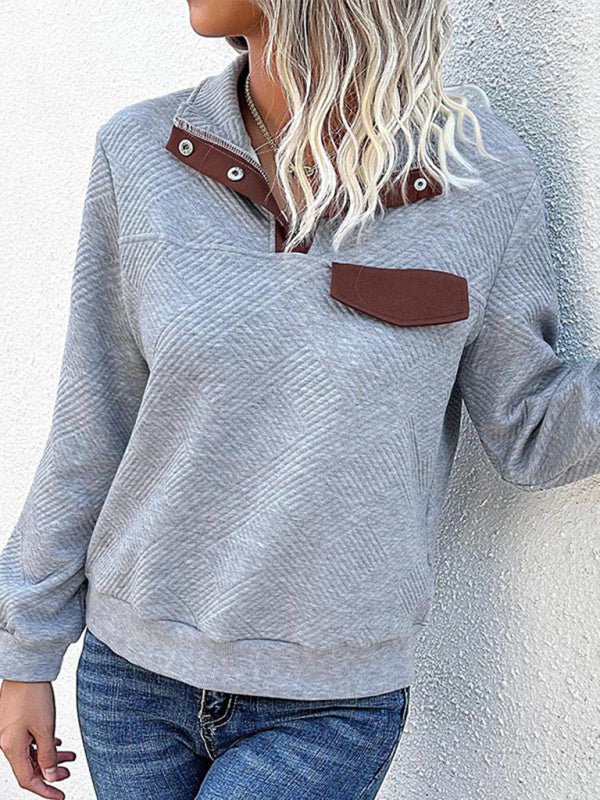 New women's long - sleeved lapel open button solid color sweater - Outerwear