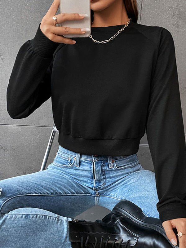 New women's long - sleeved round neck solid color sweater - Outerwear