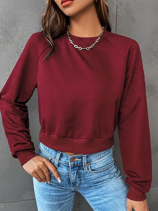 New women's long - sleeved round neck solid color sweater - Outerwear