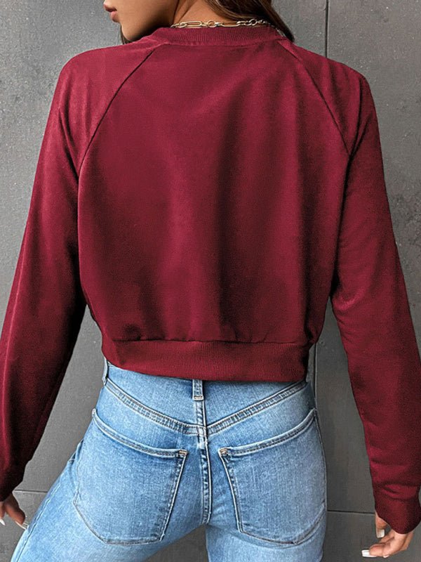 New women's long - sleeved round neck solid color sweater - Outerwear