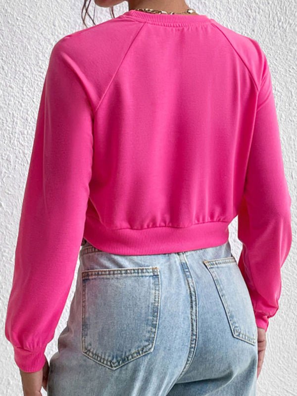 New women's long - sleeved round neck solid color sweater - Outerwear