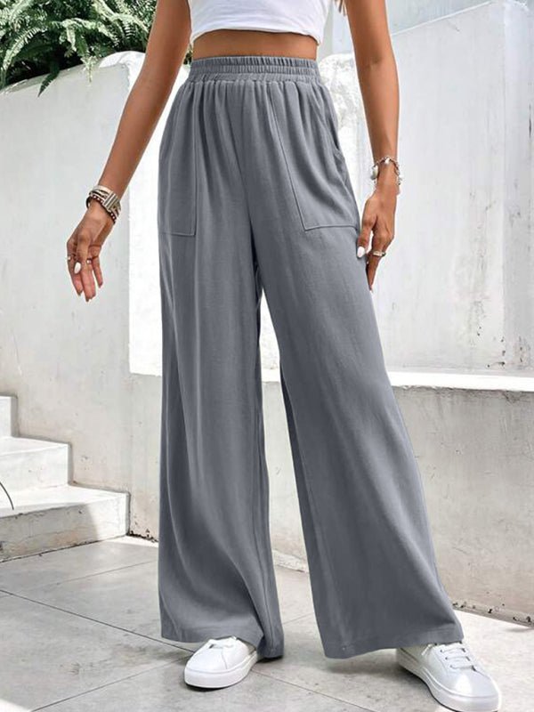 New women's mid - waist straight pants, loose sports solid color pocket casual trousers - Bottoms