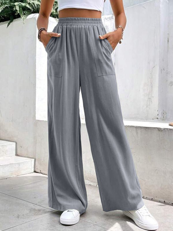 New women's mid - waist straight pants, loose sports solid color pocket casual trousers - Bottoms
