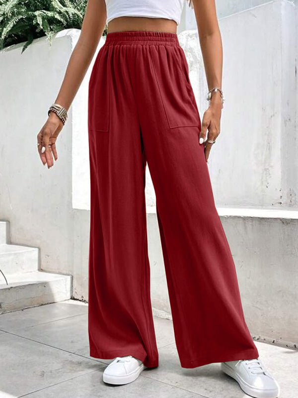 New women's mid - waist straight pants, loose sports solid color pocket casual trousers - Bottoms
