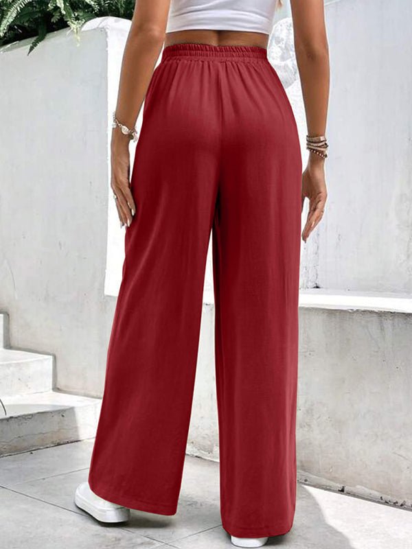 New women's mid - waist straight pants, loose sports solid color pocket casual trousers - Bottoms