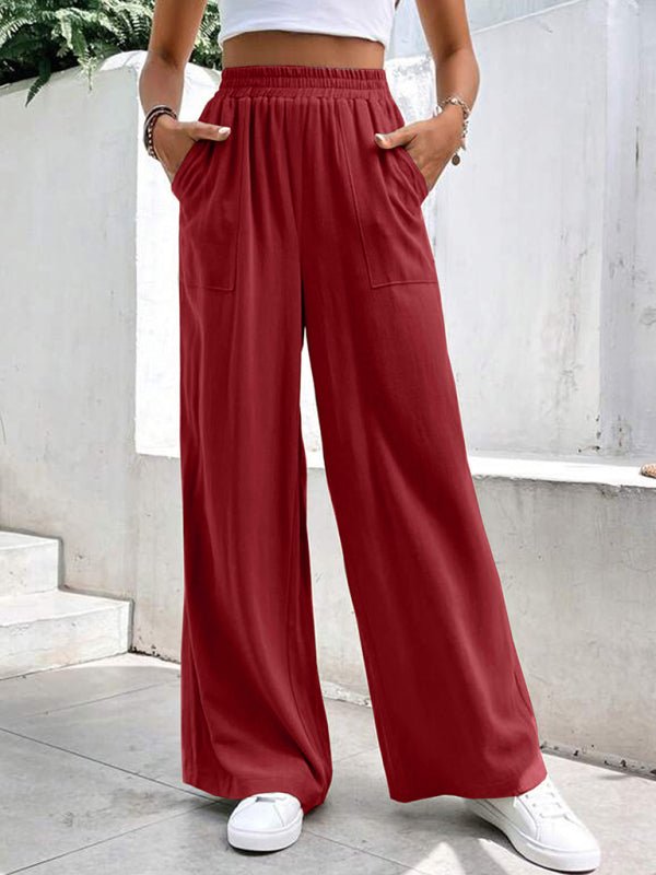 New women's mid - waist straight pants, loose sports solid color pocket casual trousers - Bottoms