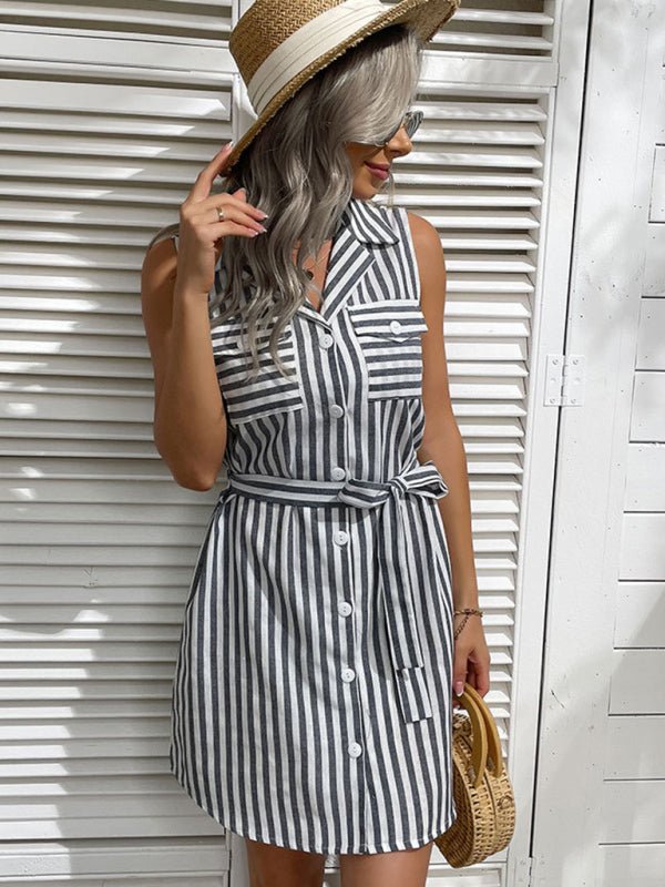 Nipped Waist Shirt Dress Lapel Grey Beach Stripe Dress - Day Dress